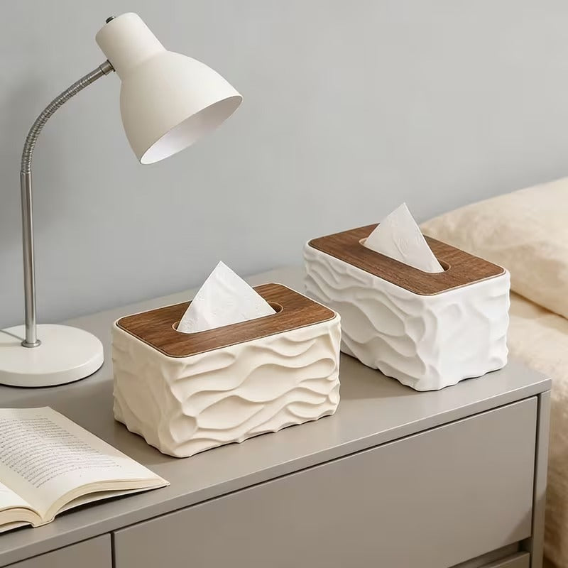 Modern Wavy Texture Tissue Box Cover with Wood-Look Top