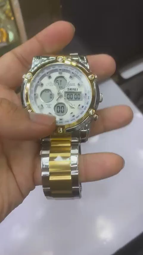 SKMEI Men's Luxury Two-Tone Gold & Silver Watch with White Dial