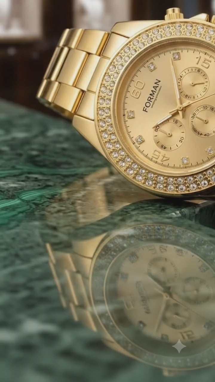 FORMAN Gold-Tone Crystal Bezel Multi-Dial Men’s Wristwatch